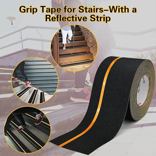S&X Grip Tape for Stairs 4 Inch x 60 Ft, 2X Longer Heavy Duty Anti Slip Traction Tape with Reflective Strip, Outdoor Non Slip Stair Tread Non-Skid Safety Tape, Long-Lasting