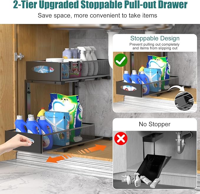 Housolution 2 Pack Under Sink Organizer, 2 Tier Metal Pull Out Under Sink Storage with Sliding Mesh Drawers, Height Adjustable Slide Out Under Sink Organizer for Kitchen Bathroom Cabinet, Black