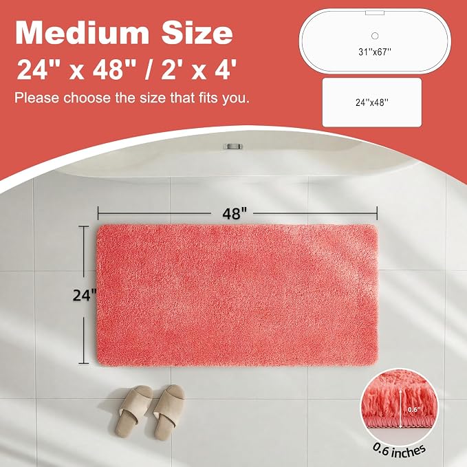 TYUU Pink Bathroom Rugs, Ultra Soft Bath Rugs Non Slip Washable, Super Absorbent Quick Dry Bath Mat with Rubber Backing for Bathroom Floor, Shower, or Sink, Pink 24" x 48"