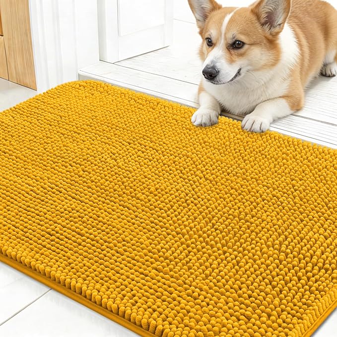 OLANLY Dog Door Mat for Muddy Paws 30x17, Absorbs Moisture and Dirt, Absorbent Non-Slip Washable Doormat, Quick Dry Chenille Mud Mat, Entry Indoor Entryway Carpet for Inside Floor, Golden Yellow