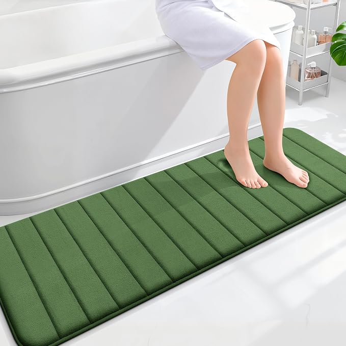 OLANLY Memory Foam Long Bathroom Rugs Runner 59x20, Super Soft Absorbent Bath Mat, Quick Dry, Machine Washable Shower Floor Rugs, Bathmat Carpet, Bathroom Home Decor Accessories, Olive Green