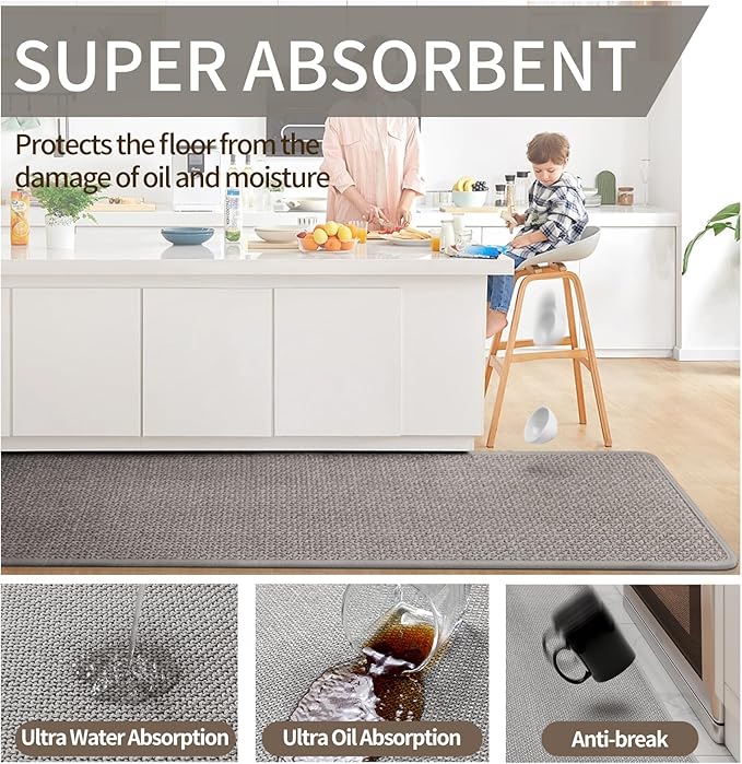 YDKGL Kitchen Rugs and Mats Non Skid Washable Set of 2 PCS, Absorbent Runner Rugs for Kitchen, Front of Sink, Kitchen Mats for Floor, Grey 17x30+17x59