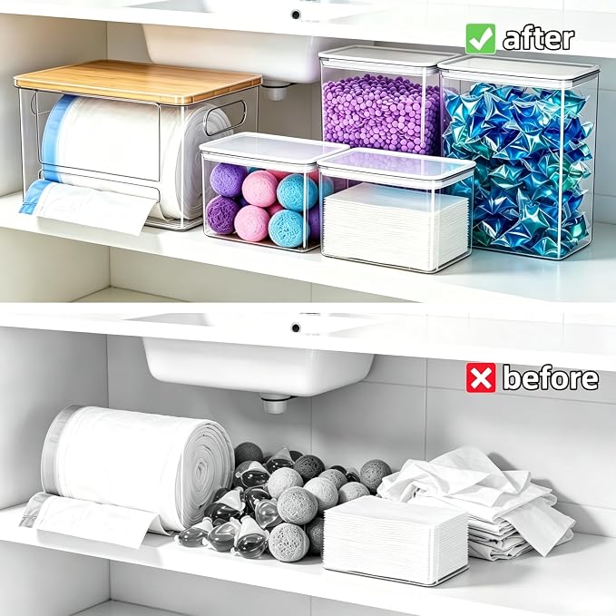 5-in-1 Under Sink Organizer with Trash Bag Dispenser & Acrylic Containers, Clear Laundry Pod & Dishwasher Pod Storage, Bamboo Lid Kitchen Pantry Organization