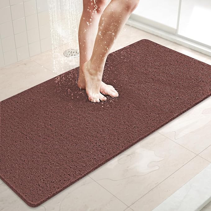 LuxStep Shower Mat Bathtub Mat,40x16 inch, Non-Slip Bath Mat with Drain, Quick Drying PVC Loofah Bathmat for Tub,Shower,Bathroom,Reddish Brown