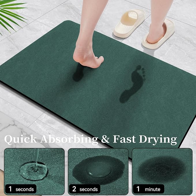 Bath Mat Rugs 32x17 - Diatomaceous Earth Bath Mat Quick Dry Absorbing Bathroom Rugs Rubber Non Slip Thin Bathroom Mat Fit Under Door, Bath Mat for Bathroom Floor, Tub and Shower, Sink, Dark Green