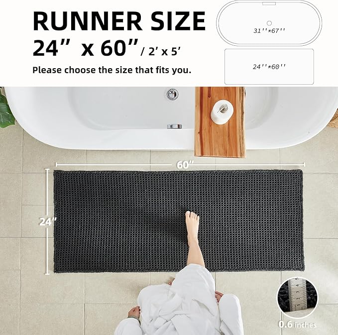 TYUU Black Long Bathroom Rug, Waffle Runner Rug Bathroom Non Slip Washable Super Absorbent Quick Dry Boho Farmhouse Bath Decor, 60"x24" Black
