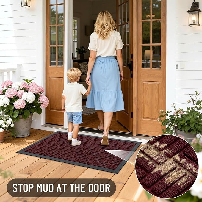 OLANLY Front Door Mat Outside Entrance 47x32, Absorbent, Heavy Duty Sturdy Natural Rubber Doormat Indoor Outdoor, Non-Slip, Stain and Fade Resistant, Low Profile Floor Mat for Entryway, Burgundy