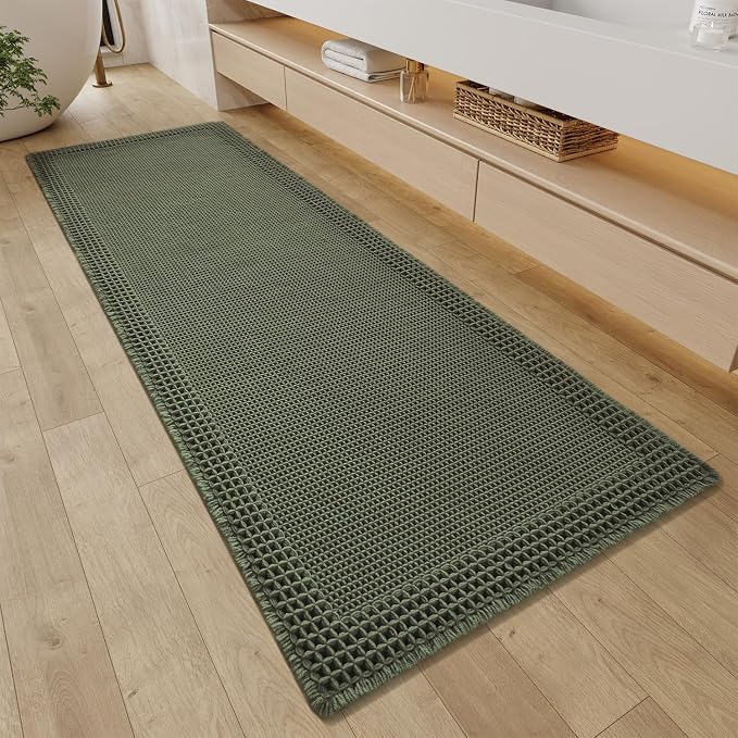RESARE Waffle Bathroom Runner Rugs, Super Absorbent Bath Mat Non Slip Washable Quick Dry, Upgraded Ultra Soft Boho Bath Rugs with Tassels, Farmhouse Home Decor Accessories, 2'x5'(24"x60") Green