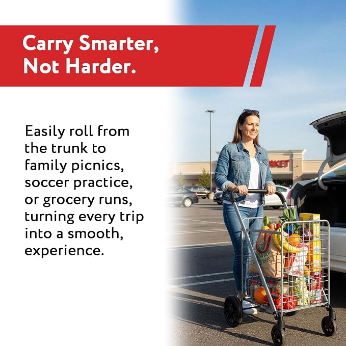 dbest Products Cruiser Cart Deluxe 2 - Foldable Shopping Cart with Wheels & Brake System - Heavy Duty Collapsible Utility Cart for Groceries & Laundry - Holds 100 lbs - Silver, Alloy Steel