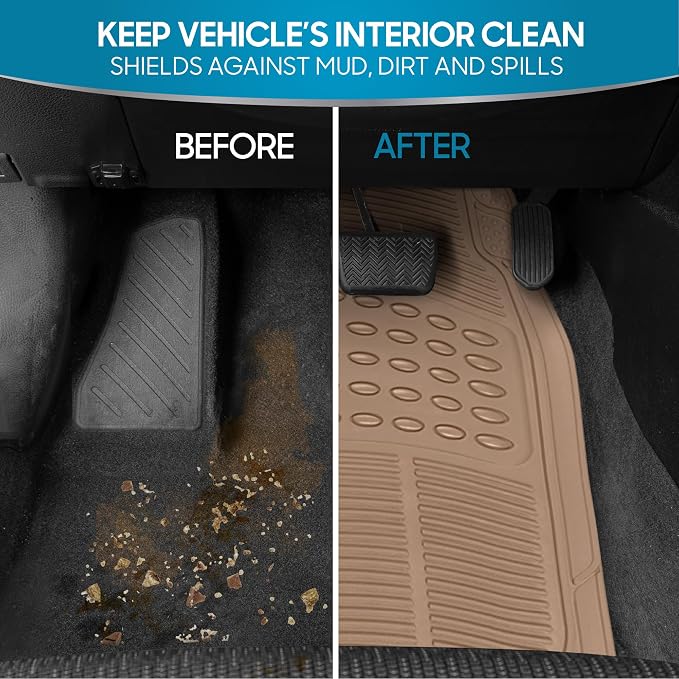 BDK ProLiner Floor Mats for Cars Trucks SUV, 4-Piece All-Weather Car Mats with Universal Fit Design, Durable Car Floor Mat with Capture Ridges, Waterproof Rubber Floor Mat for Cars (Beige)