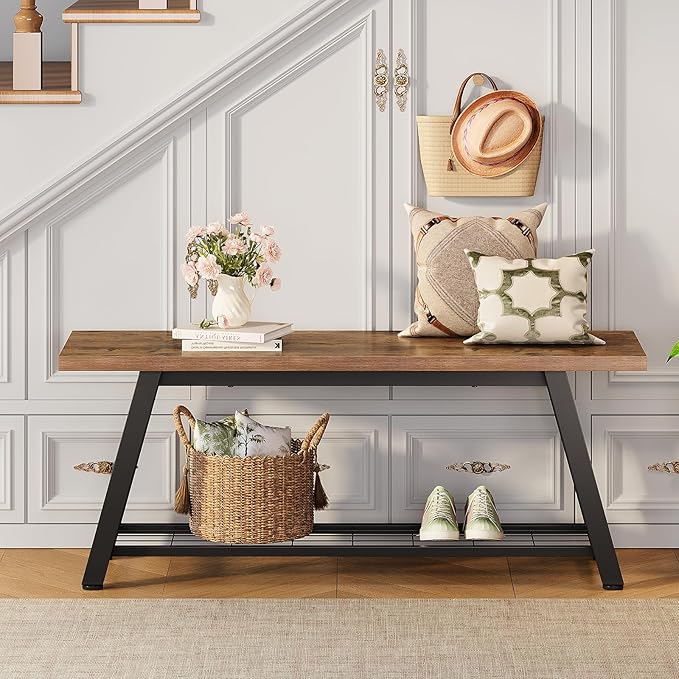 Oastreeful Storage Bench Industrial Rustic Wooden and Metal Entryway Shoe Boots Storage Rack Long Bench Seat for Hallway Bedroom Retro Brown Farmhouse Style