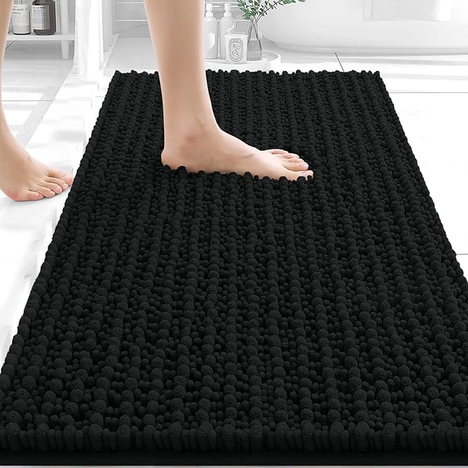 OLANLY Bathroom Rug Mat 30x20, Thick Soft and Absorbent Chenille Bath Mat, Non-Slip Rubber Backing, Machine Washable Quick Dry Bath Rugs for Tub Shower Floor, Home Decor Accessories, Black