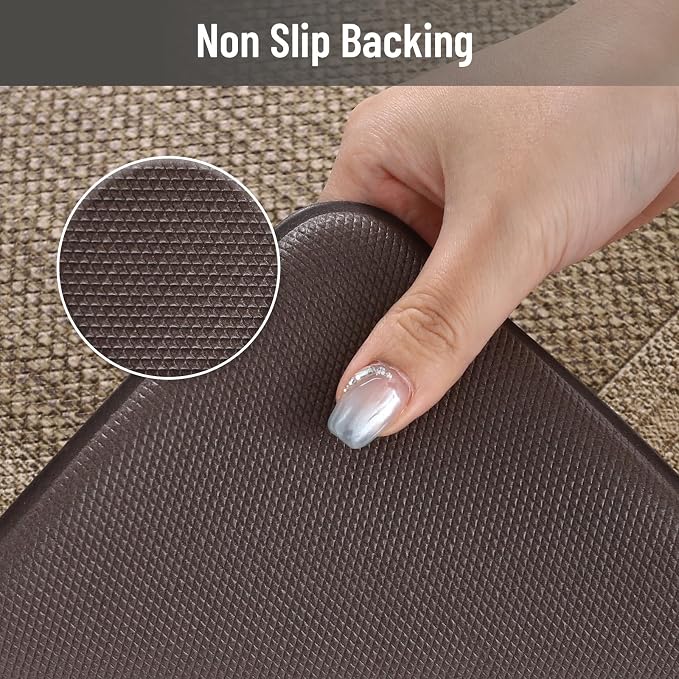 KIMODE Anti Fatigue Kitchen Mats 17"x47"+17"x29", Farmhouse Kitchen Rugs Sets of 2, Non Slip Kitchen Mats for Floor, Cushioned Comfort Standing Mats for Home Deocr Sink Laundry Office Desk Grey/Brown