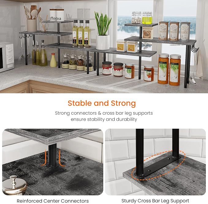 Homode Kitchen Countertop Organizer, 3 Tier Corner Shelf Bathroom Counter Organizer, Wooden Counter Shelf Stand Space Saver, Easy Assembly, Rustic Grey