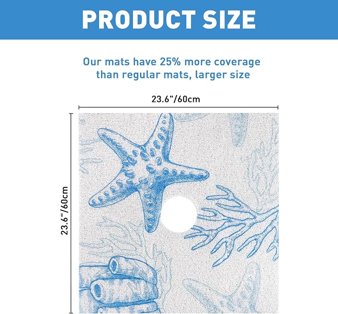 Square Shower Mat Non Slip: 24 x 24 Inch Extra Large Shower Mats with Drain Hole in Middle - PVC Loofah Anti Slip Shower Floor Matt for Inside Shower