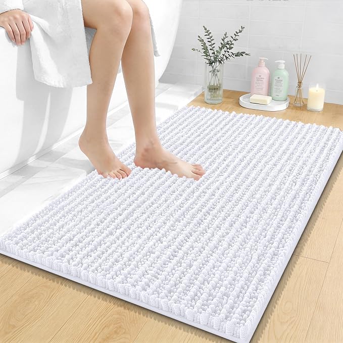 OLANLY Bathroom Rug Mat 36x24, Thick Soft and Absorbent Chenille Bath Mat, Non-Slip Rubber Backing, Machine Washable Quick Dry Bath Rugs for Tub Shower Floor, Home Decor Accessories, White