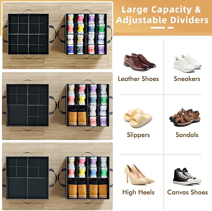 NestOrganix 2 Pack Shoe Organizer for Closet, Large Shoe Box Storage Containers, Foldable Shoe Storage Organizer Box Bin with Adjustable Dividers and Clear Cover, Space Saving Shoes Holder, Black