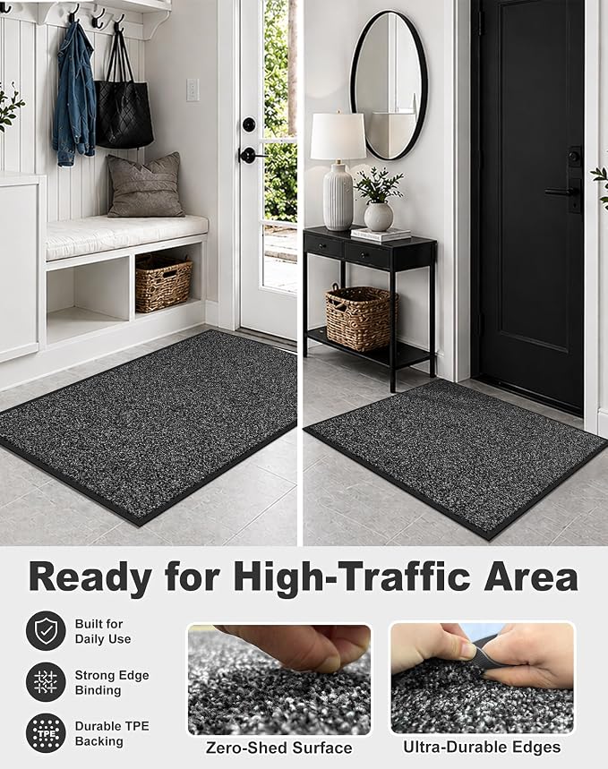 Mibao Front Door Mat Indoor Entrance, 32" x 20", Dirt Trapper Welcome Mat for Outdoor Indoor, Non-Slip Waterproof Doormat, Durable Machine Washable Low Profile Entry Rug for Back Door Outside,Grey