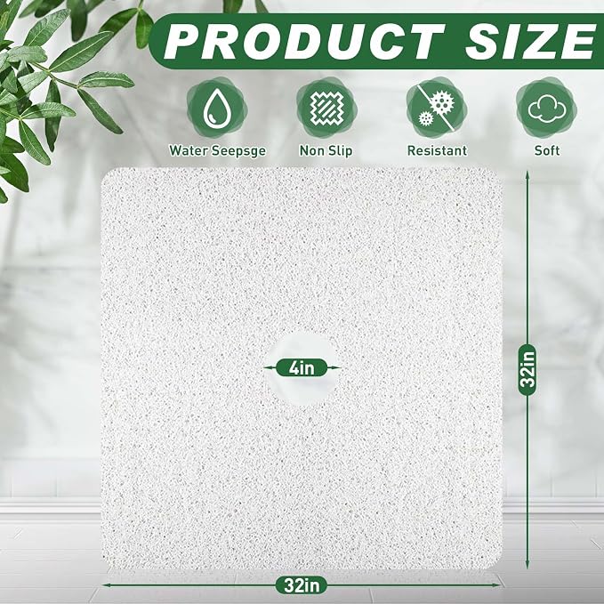 Shower Mat Non Slip,32 x 32 Inch Extra Large Square Shower Mat with Drain Hole in Middle,Soft Loofah Bath Mat Shower Stall Bathtub Mat for Inside Shower Bathroom,Without Suction Cups (White)