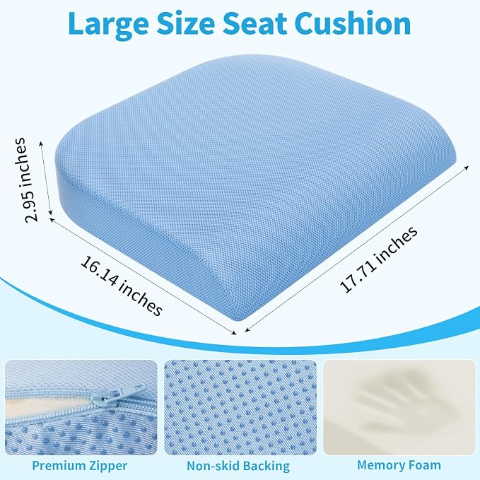 TranquilRelax Large Seat Cushion, Memory Foam Cushion for Long Sitting Hours on Office Chair, Home & Car, Non-Slip Chair Pad for Relieving Back & Sciatica & Hip & Coccyx Pain (Light Blue)