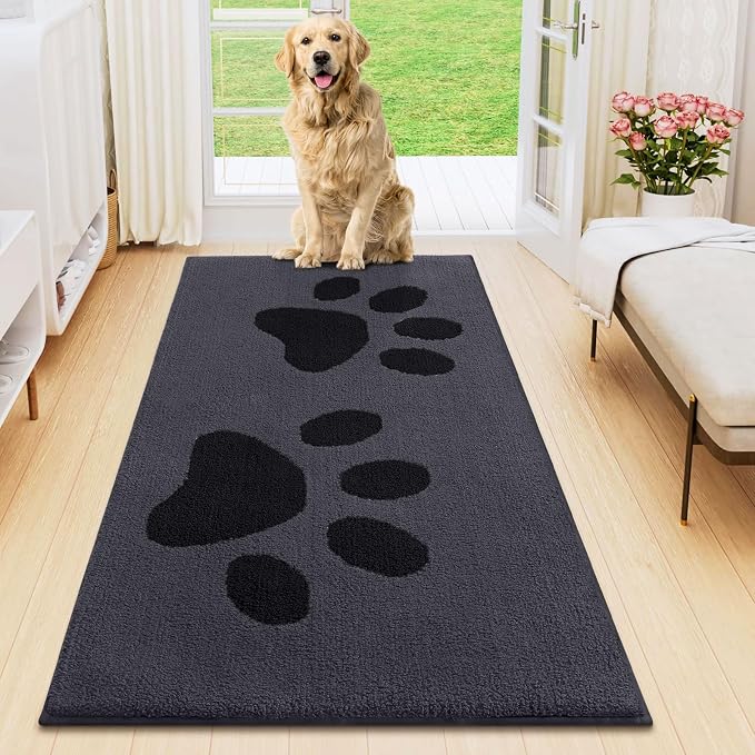 Smiry Dog Door Mat for Muddy Paws, Absorbs Moisture and Dirt, Low-Profile Entryway Mat with Non-Slip Backing, Entry Indoor Outdoor Doormat for Inside Floor (47x24 Inches, Black, Paw)