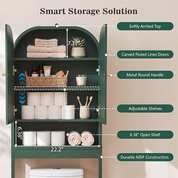 Over the Toilet Storage Cabinet, 70" Tall Bathroom Space Saver with Fluted Grooved Doors, Freestanding Over Toilet Organizer with Adjustable Shelves & Soft-Close Hinges for Small Bathrooms (Green)