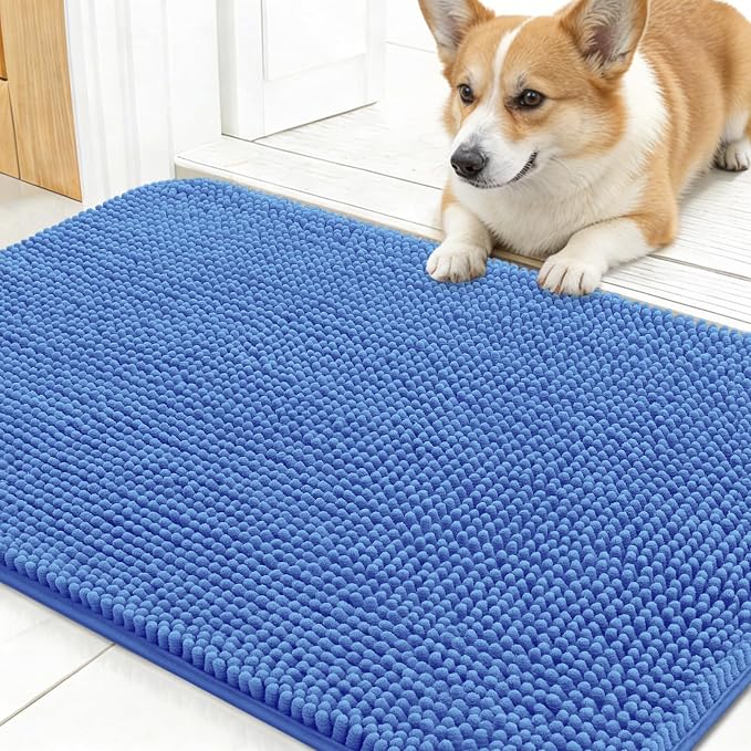 OLANLY Dog Door Mat for Muddy Paws 24x16, Absorbs Moisture and Dirt, Absorbent Non-Slip Washable Doormat, Quick Dry Chenille Mud Mat, Entry Indoor Entryway Carpet for Inside Floor, Cornflower Blue