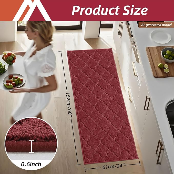 COSY HOMEER-Kitchen-Rugs-Non-Slip-Washable 24"x60" Absorbent Kitchen Runner Rug Polyester Kitchen Mats for Floor Soft Standing Floor Mats for Sink Mat,Hallway,Laundry,Red