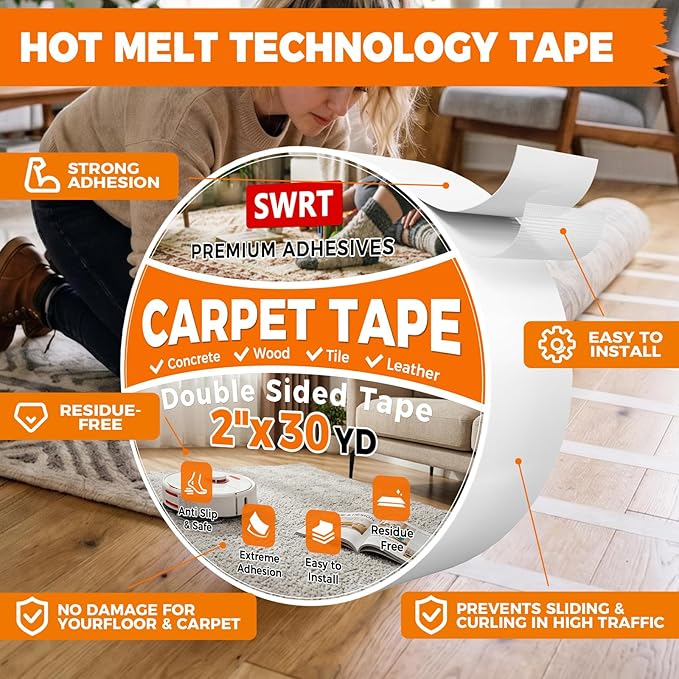 SWRT Carpet Tape Double Sided, 2 Inch x 30 Yards – Carpet Adhesive for Hardwood Floors, Heavy Duty Anti Slip Rug Grip Tape, Works as Rug Grippers, Residue Free, Wood Safe, Easy Removal for Tile