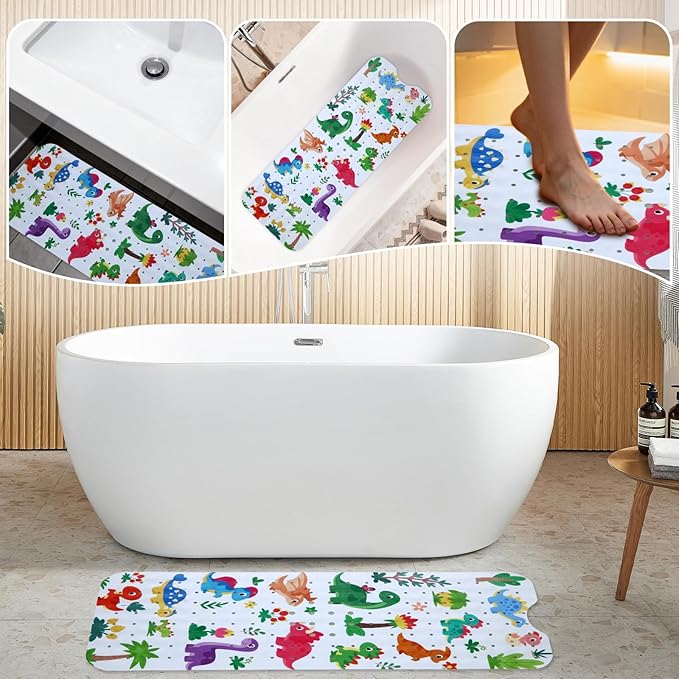 Baby Bath Mat for Tub Non Slip Kids Bathtub Mat Extra Long 40X16 Inch Toddler Bath Tub Shower Mat Anti Slip with Suction Cups & Drain Holes, Machine Washable (Forest Dinosaur)