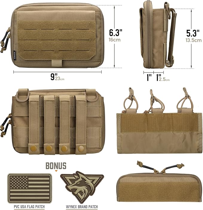 WYNEX Molle Admin Pouch of Kangaroo Style, Tactical Utility Tool Pouch with Mag/Zipper Strip Insert Modular EDC Medical Bag Organizer Attachment Patch Included