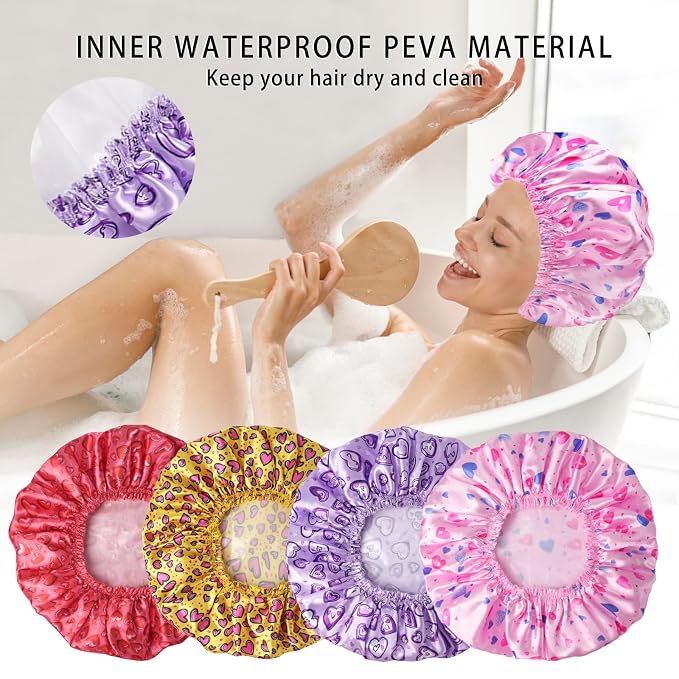4 PCS Shower Cap for Women, Elastic and Reusable Bath Caps, Double Layers Shower Caps Reusable Waterproof, Bathing Shower Caps, Environmental Bath Hair Protection Cap - Heart