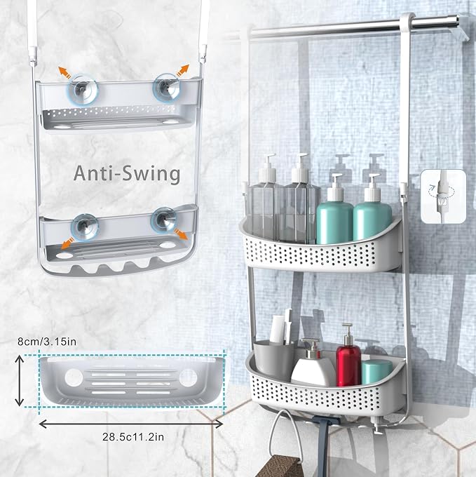 Shower Caddy Hanging; Anti-Swing shower basket over Showerhead with Suction Cups; Never rust Bathroom Organizer, Multiple Hanging Modes Shelf with hooks,White