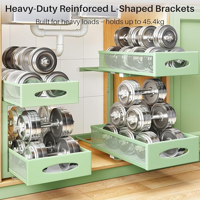 2 Pack Under Sink Organizer, 2 Tier Pull out Cabinet Organizer Mesh Baskets with 5 Adjustable Heights, Sliding Drawers Storage Shelf for Home, Kitchen, Bathroom, Pantry, Office, Countertop ,Green