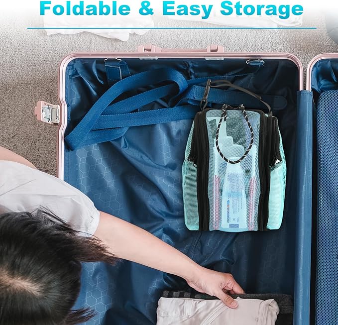 Cosmos Mesh Shower Caddy Toiletry Organizer Hanging Shower Tote Bag, Quick Dry Shower Organizer Portable Bath Bag with Durable Zippers & Side Pockets for Travel Gym Swimming Beach & Camp (Aqua Blue)