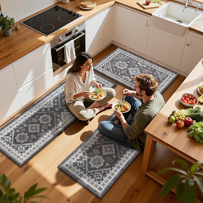 HEBE Boho Kitchen Rug Sets 3 Piece with Runner Non Slip Kitchen Rugs and Mats Washable Kitchen Mats for Floor Thick Kitchen Floor Mat Carpet Runner Rugs for Hallway Laundry Holiday Decor
