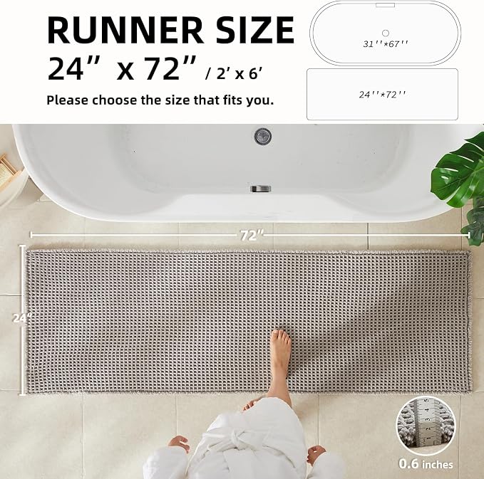 TYUU Waffle Runner Rug Bathroom, Long Boho Bathroom Rugs Non Slip Washable Super Absorbent Quick Dry Farmhouse Bath Decor, 72"x24" Light Grey