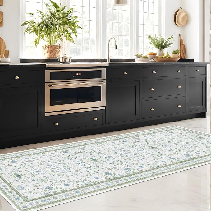 Hazo Haus Oushak Wide Hallway Runner Rug 2'6"x8' - Vintage Turkish Floral, Washable Low Pile Non Slip Extra Long Runners for Kitchen, Hall Way - Cream Blue and Green