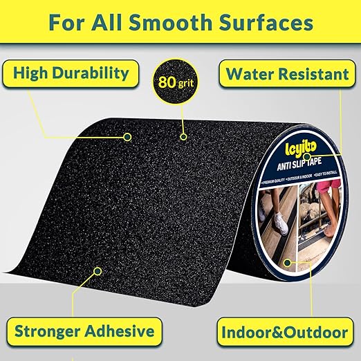 Anti Slip Tape, 8 Inch x 16 Ft Grip Tape for Stairs Outdoor/Indoor, Waterproof Non Skid Roll for Stair Treads Non Slip, High Traction Friction Abrasive Adhesive Stair Steps - Black