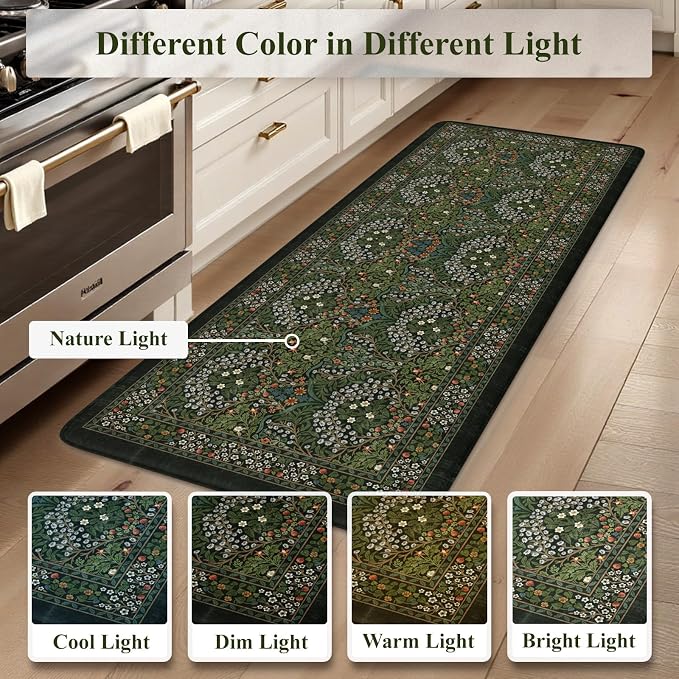 Collive Anti Fatigue Kitchen Rugs Sets of 2, Non Slip Waterproof Kitchen Mat Spring Vintage Floral Runner Rug, Ergonomic Comfort Desk Rugs for Floor, 20" x 47" + 20" x 32", Dark Green