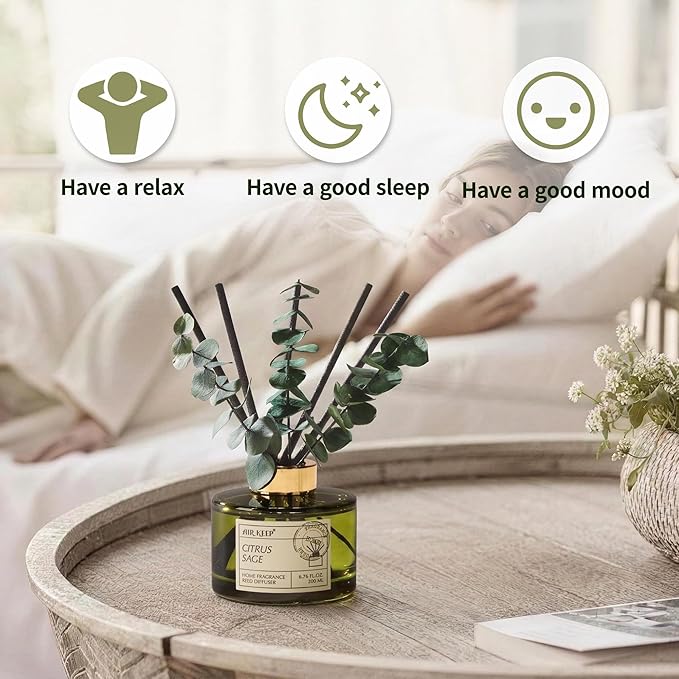 Airkeep Reed Diffuser Set with 6.76 fl oz Citrus&Sage Scent Essential Oils and 3 Leaves & 8 Diffuser Sticks,Bathroom Shelf Decor & Air Freshener, House Bedroom Office Decor & Gifts