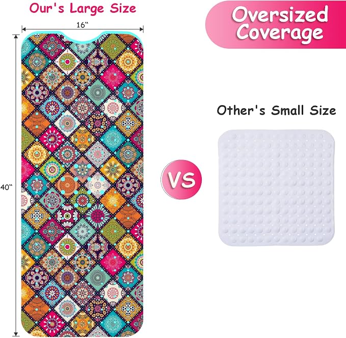 Bathtub Mat Non Slip, Bohemia Extra Long Bath tub Mat Shower Floor Mat with Suction Cups and Drain Holes for Adults Kids Elderly 40 X 16 Inch