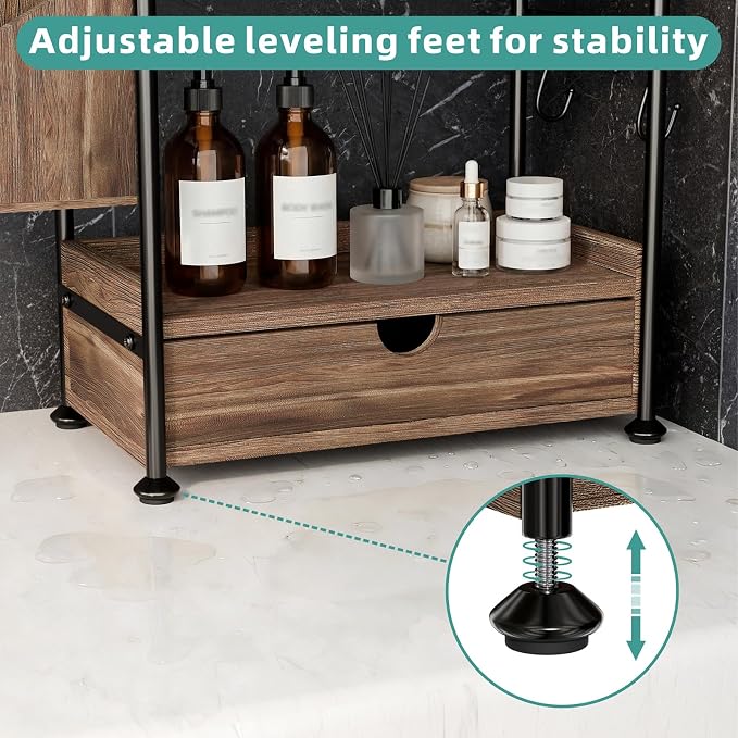 Kottwca 2-Tier Bathroom Counter Organizer with Drawer, Wooden Vanity Skincare Storage Shelf with Thickened Metal Frame, Countertop Shelf with Basket & Hooks for Makeup Organization,Dark Brown