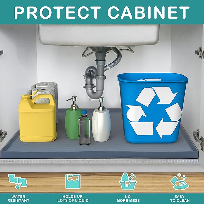 URMONA Waterproof Silicone Under Sink Mat 22'' x 22'' Shelf Liner for Kitchen and Bathroom, Cabinet and Counter Protector, Storage and Organizers, Litter Mat, Pet Cat Puppy Essentials(Cream)