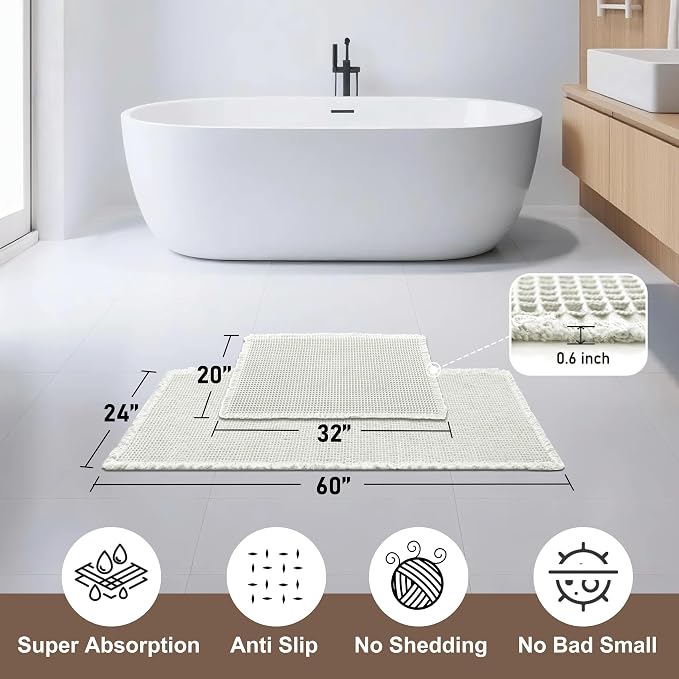 JIUZHEN Set of 2 Waffle Bath Mats Non Slip Waffle Bathroom Runner Rug Washable Boho Runner Bath Rugs Super Absorbent Shower Mat for Bathroom Kitchen Hallway Laundry, 20" x 32" +24" x 60", Cream