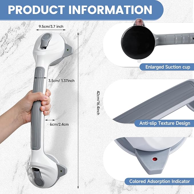 Suction Cup Grab Bars 16.5 Inch, 2 Pack Anti Slip Bathroom Grab Bar, No Drill Handicap Grab Bars, Removable Safety Support Handrail, Assist Bath Shower Handle for Elderly Injury Senior 1.37" Dia