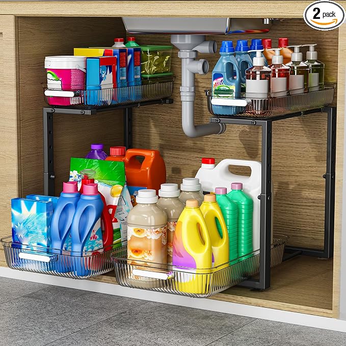 ARSTPEOE 2 Pack Double Sliding Under Sink Organizers and Storage,Two Tier Bathroom Storage and organization,Under Cabinet Organizer, Clear