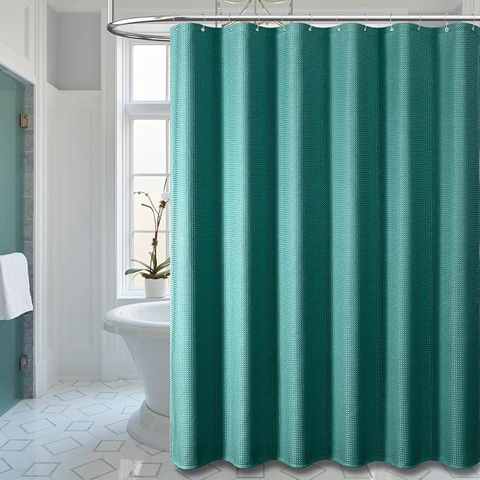 Dynamene Long Fabric Shower Curtain - 78 inch Long Waffle Weave Weighted Cloth Shower Curtains for Bathroom, Heavy Duty Hotel Spa Luxury Bath Curtain Set with 12 Plastic Hooks,72x78, Seaweed Green