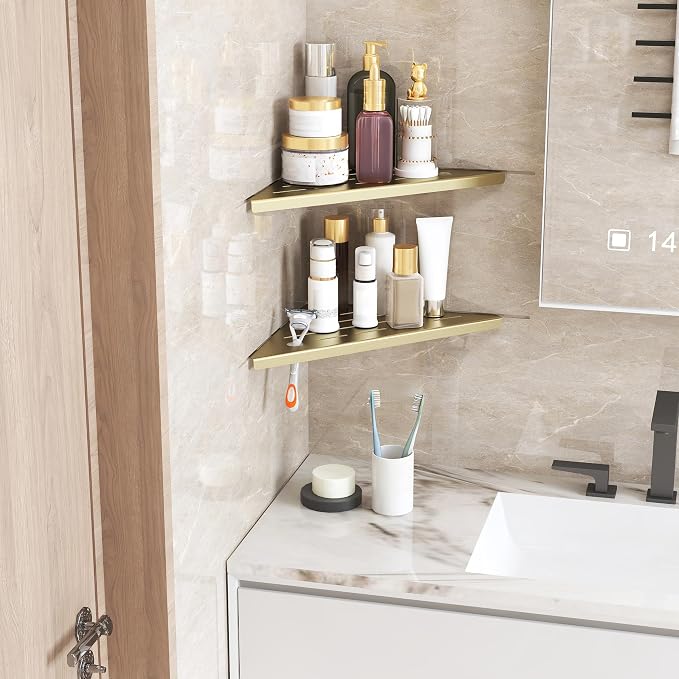 2 Pack Gold Corner Shower Shelves, 304 Stainless Steel Corner Wall Mounted Bathroom Organizer Caddy with Razor Slot, 10’’ Rust-Proof Floating Shelf for Shower Storage (Fits 90° Tile Walls,Holds 15lbs)