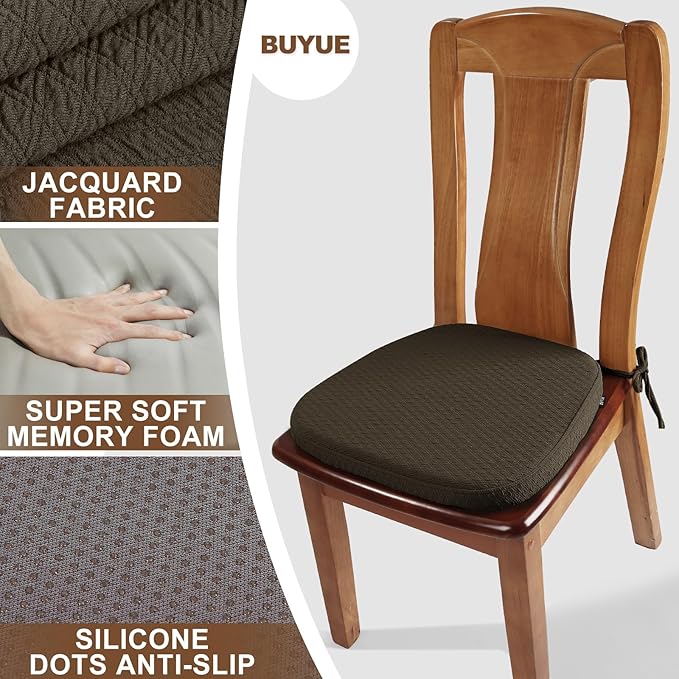 BUYUE Luxury 100% Pure Memory Foam Chair Cushion 1 Pack, Jacquard 16" U-Shape Comfortable Dining Chair Pad, Removable Slip Resistant Kitchen Chair Seat Cushion, (1 Piece, Brown)